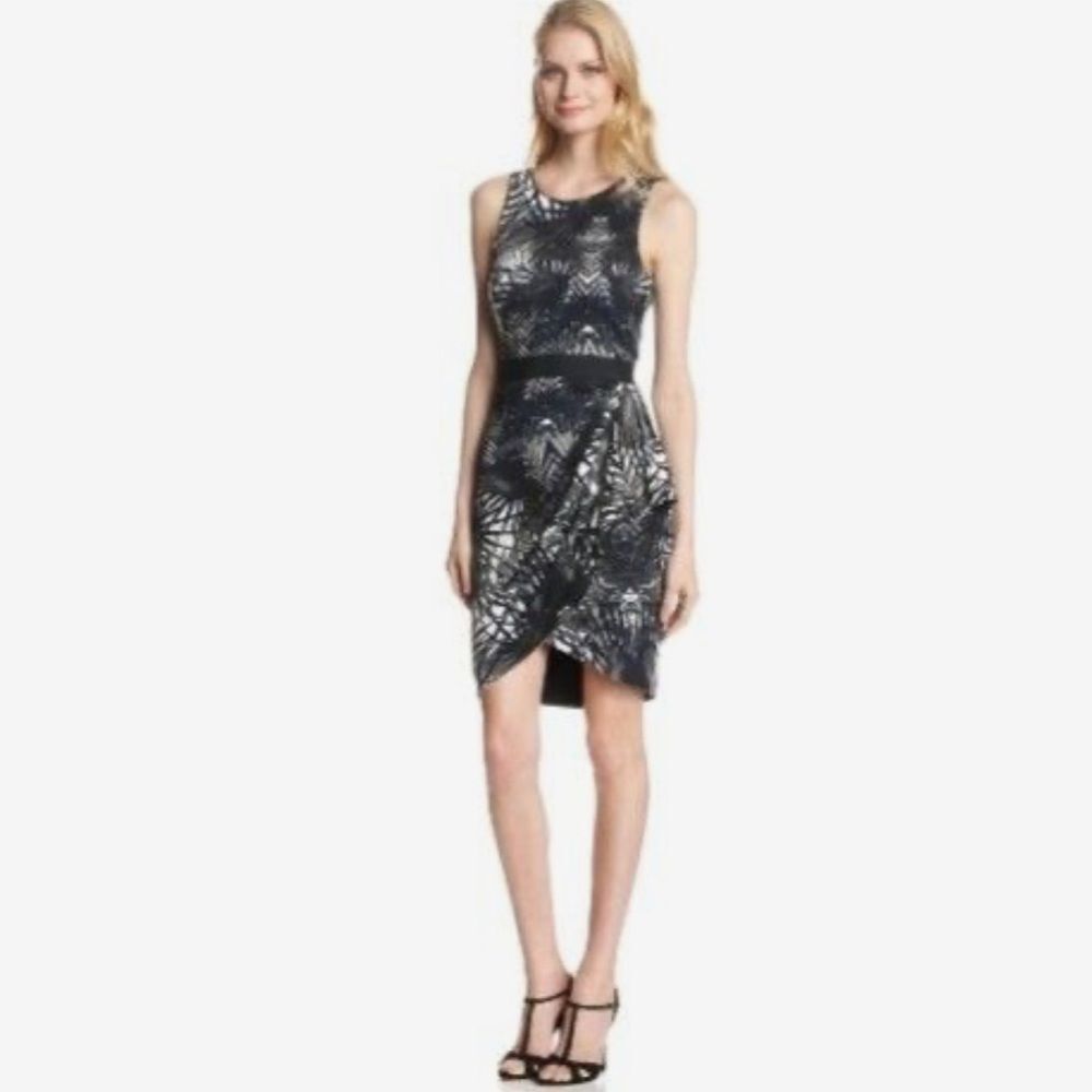 Bailey 44 resort wear black white and gray ruffle side sheath dress size XS